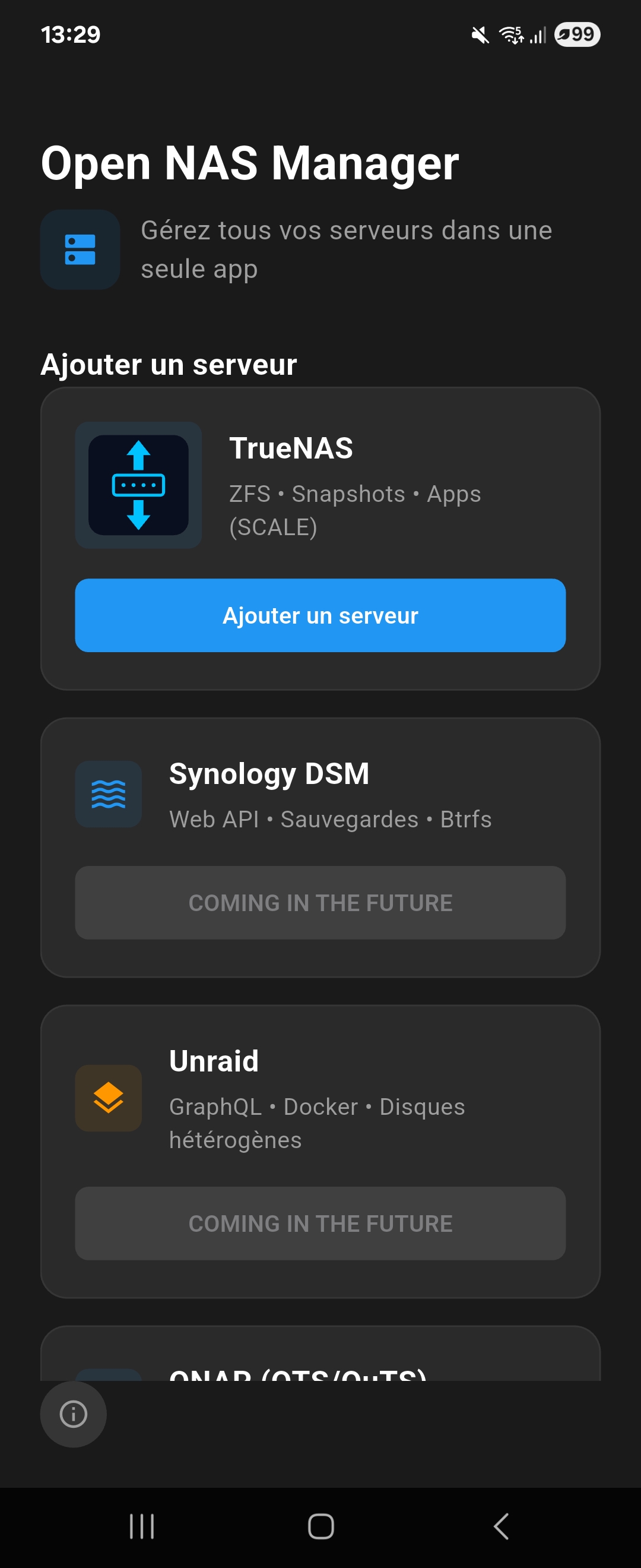Page d'accueil de l'application Open NAS Manager montrant les options pour ajouter un serveur